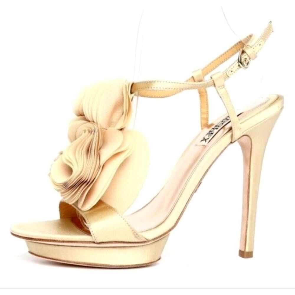Badgley Mischka Heels Womens Randee Ruffle Flower Ankle Strap in Gold Satin - Picture 6 of 6